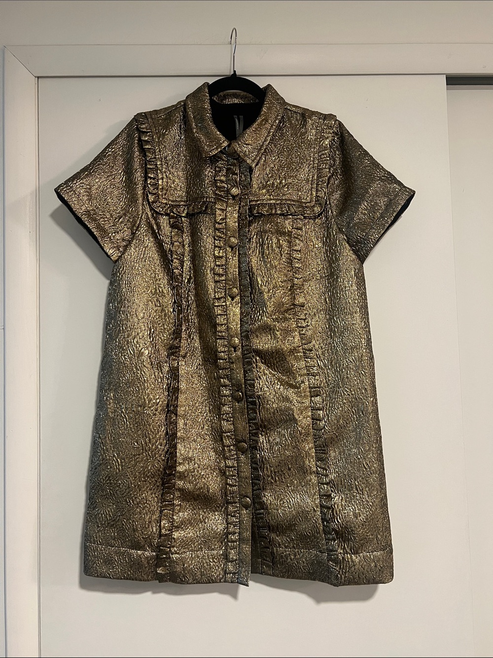 Anthropologie Metallic Gold Short-Sleeve Mini Dress